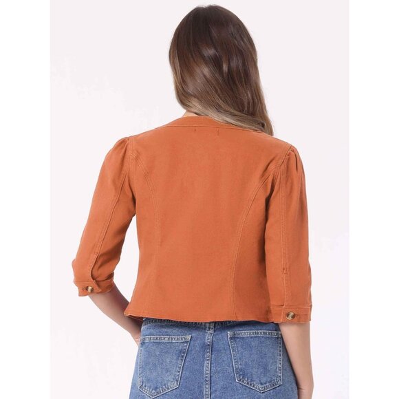 Women's Jean Jacket Slim Fit Casual Denim Jacket 3/4 Sleeves Outwear Orange - Picture 2 of 5